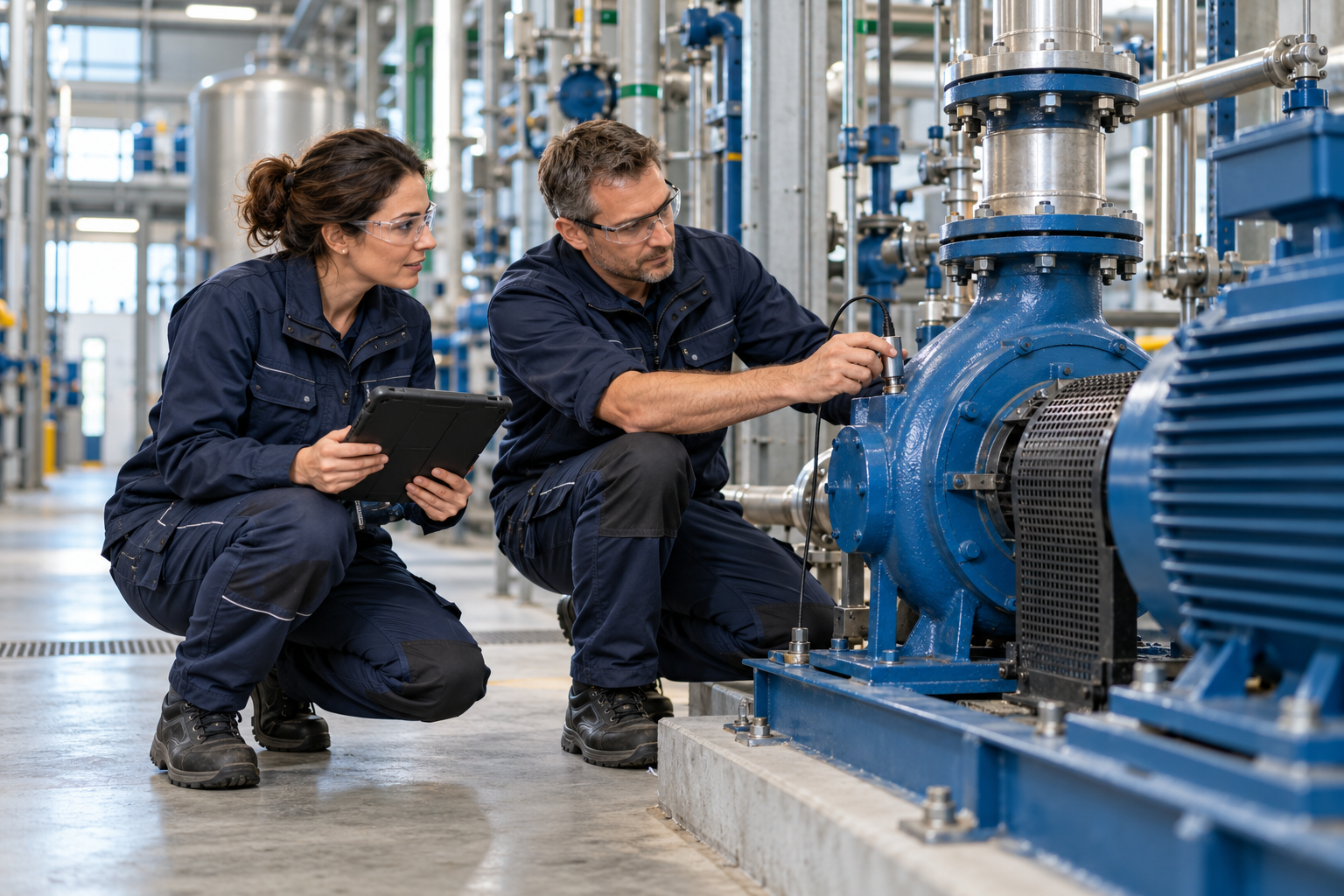 Illustratief beeld van twee onderhoudsprofessionals die een industriële pomp beoordelen