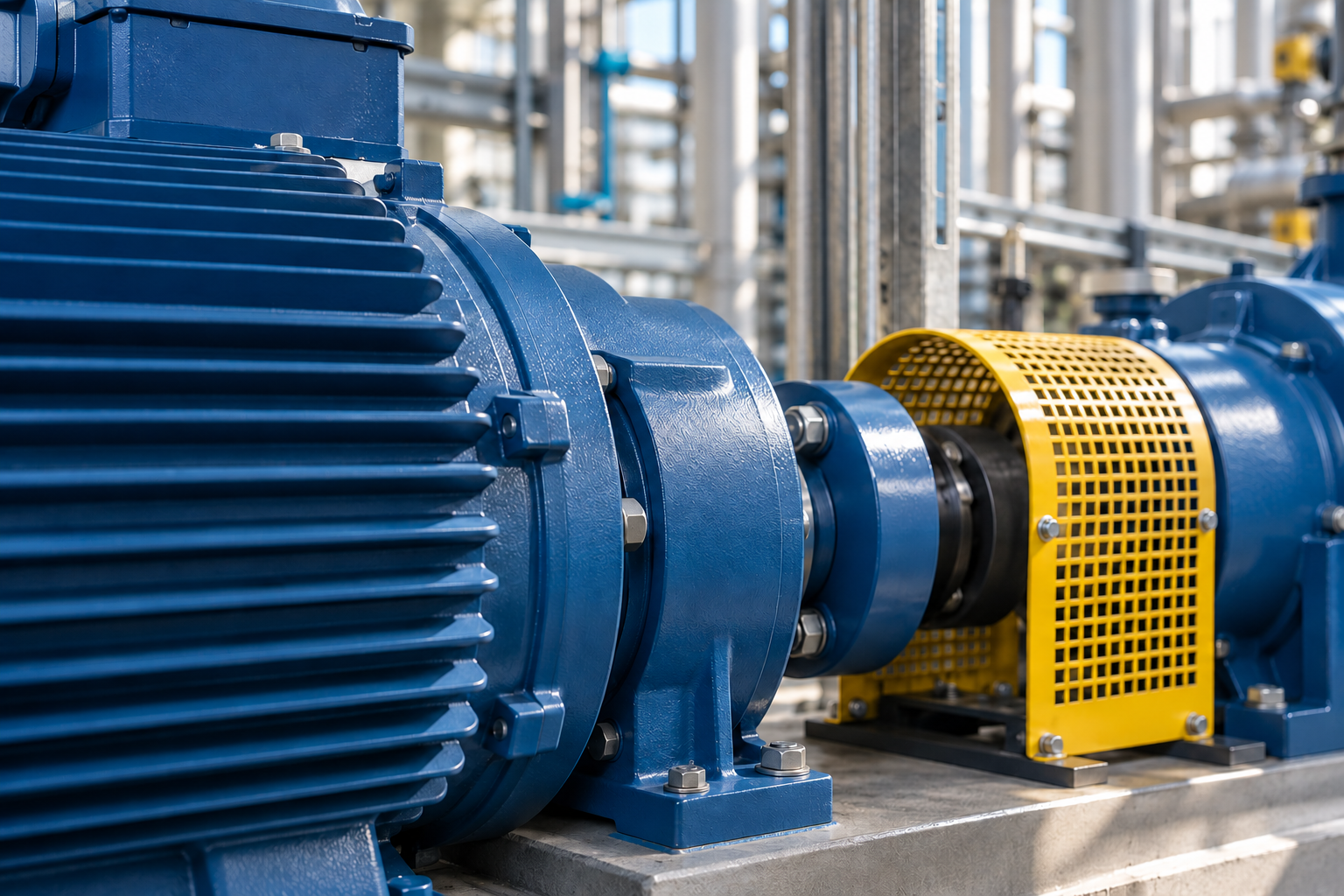 Fotorealistische illustratie van een blauwe industriële elektromotor met beschermde koppeling